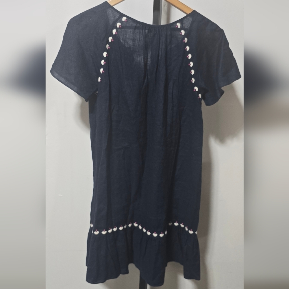 Madewell Embroidered Linen-Blend Raglan Ruffle Mini Dress In Deep Navy - Picture 6 of 8
